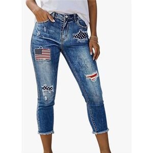 Flamingals Womens Mid Rise Capri Skinny Jeans American Flag Raw Hem M NWT
